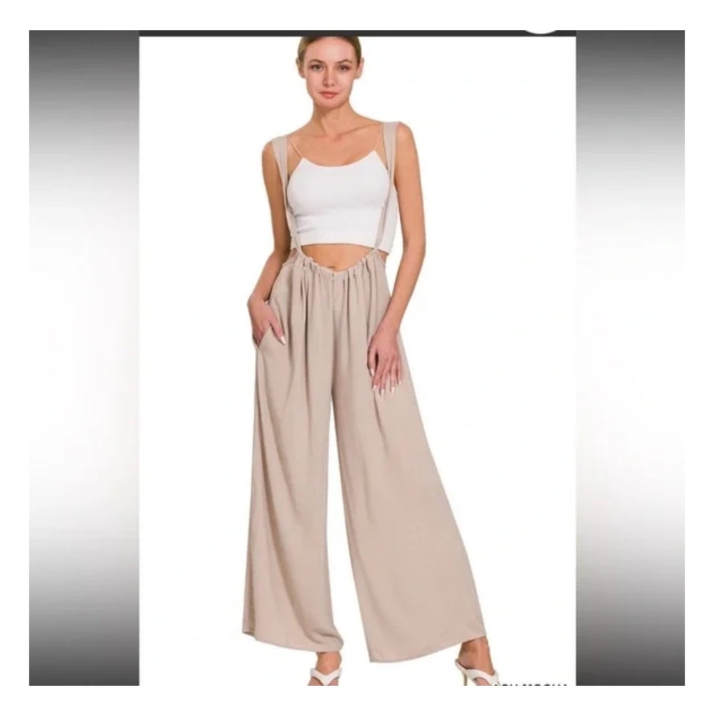 Zenana Women's Wide Leg Jumpsuit Suspender Beige Casual Beach Vacation Resortwea